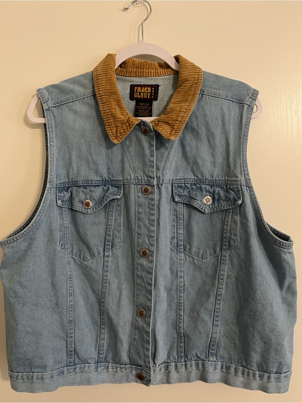 Vintage Faded Glory Ladies Light Blue Denim Vest with Tan Corduroy Collar